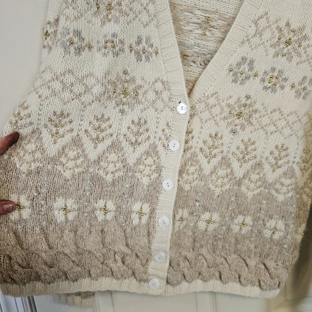Marisa Christina Vintage Fair Isle Beaded Cable Knit Chunky Button Down Cardigan